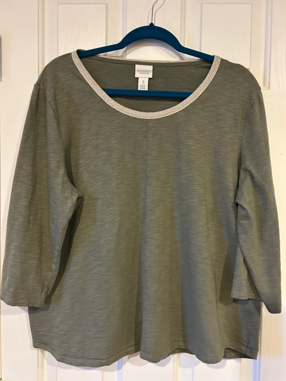 Chico's Olive Green Long Sleeve Tee with Metallic Silver Neck